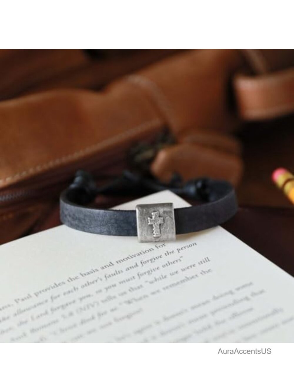 Leather Cross Bracelet Pewter Bead Faith Jewelry Adjustable Unisex - Picture 3 of 6